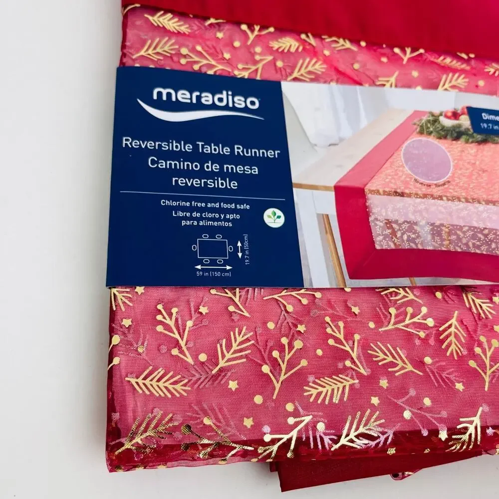 Meradiso Reversible Table Runner 19.7in‎ x 59 in, Metallic Red & Gold Christmas